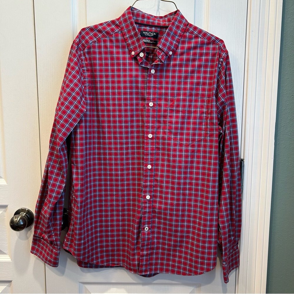 Nautica Men's Red & Blue Checkered Long Sleeve Button Down Shirt Size Large